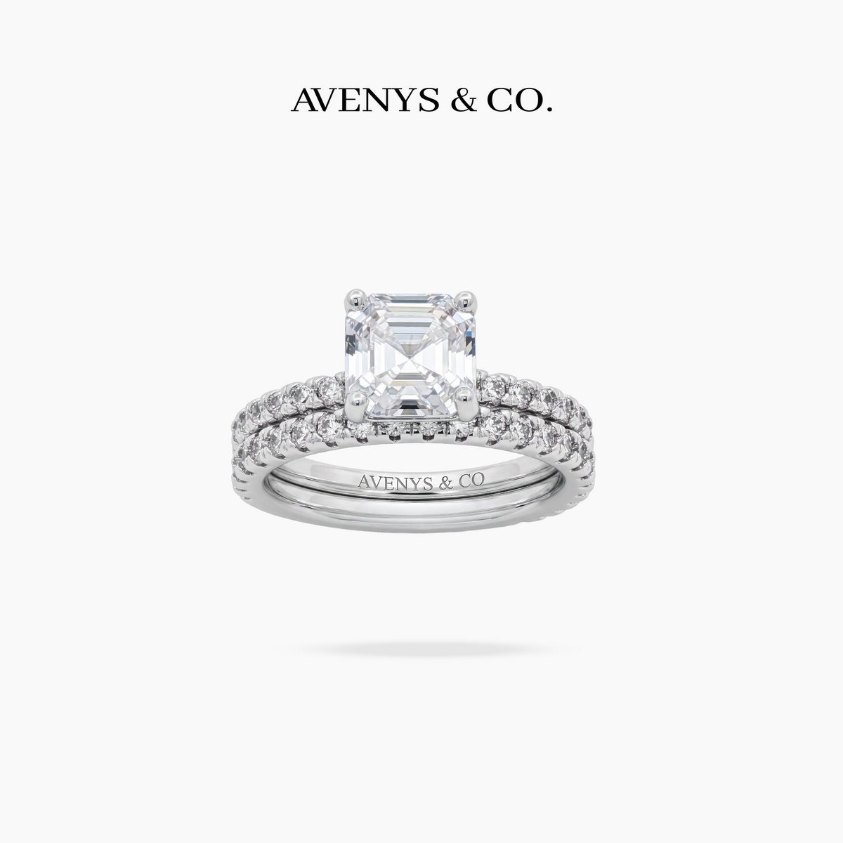 AV Dua™ Asscher Ring Set with White Asscher Stone – on White Gold