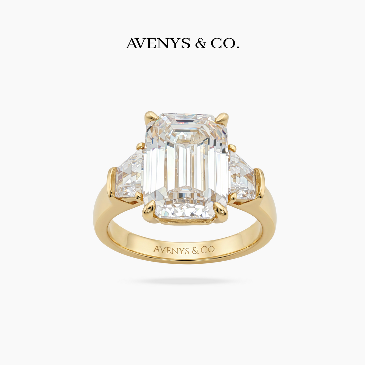 Trilogy Ring with White Emerald Stone – on Yellow Gold