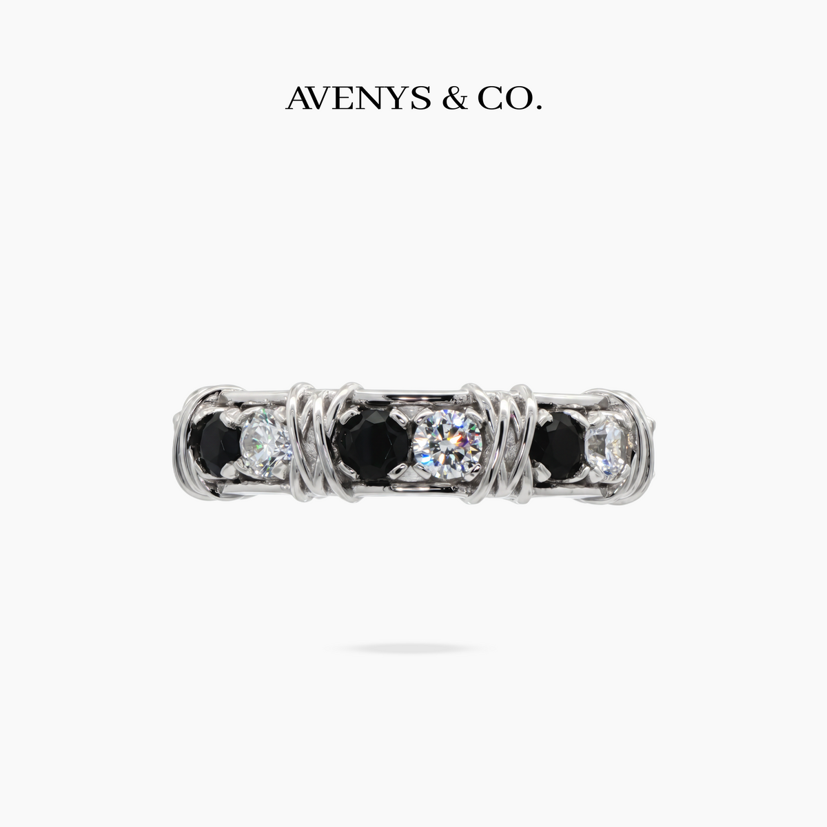 AV Signature Ring Mens with Black Round Stone – on White Gold
