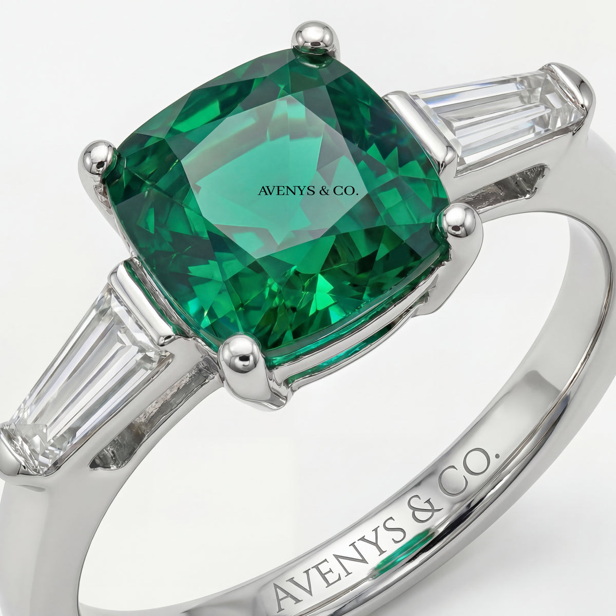 Princess Trilogy Ring with Green Princess Stone – on White Gold