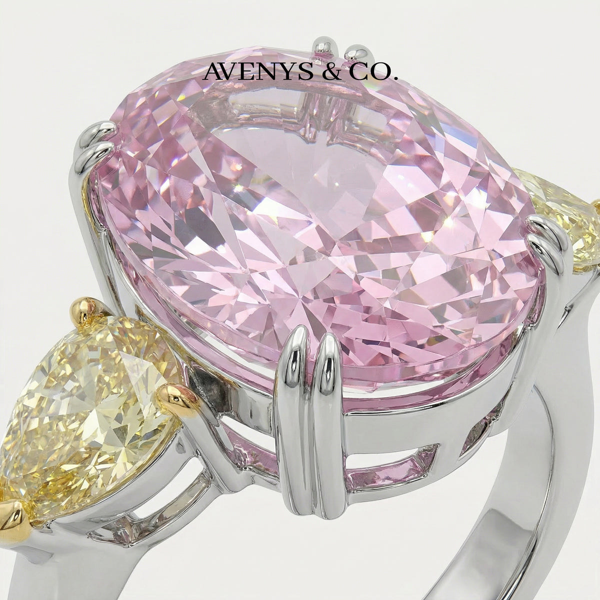Queens Oval Ring with Pink Oval Stone – on White Gold