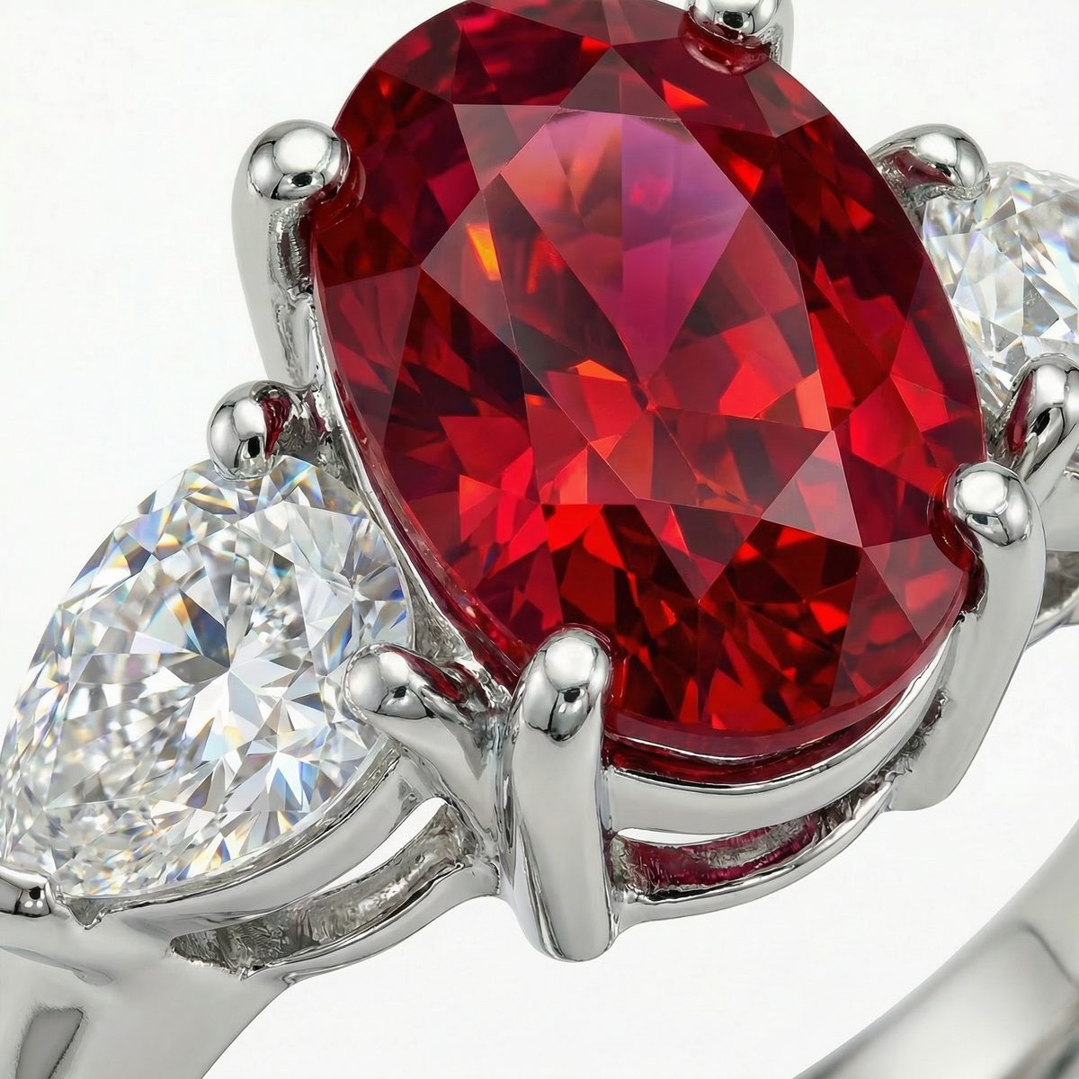 Oval Trilogy Pear Ring with Red Oval Stone – on White Gold