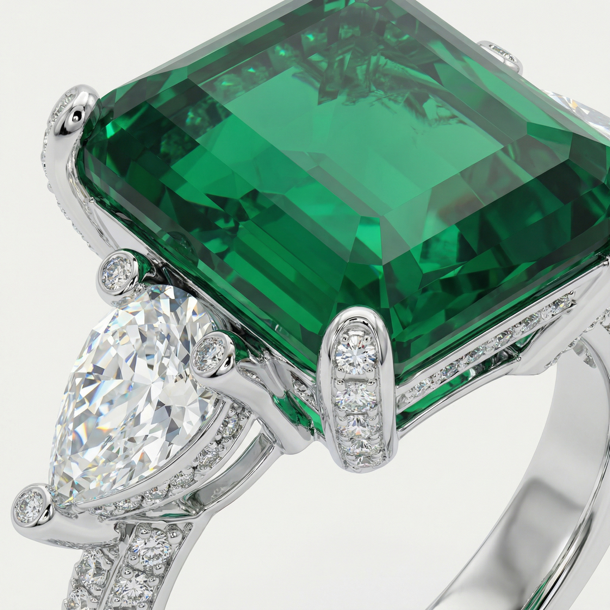 Emerald Pear Trilogy Ring with Green Emerald Stone – on White Gold