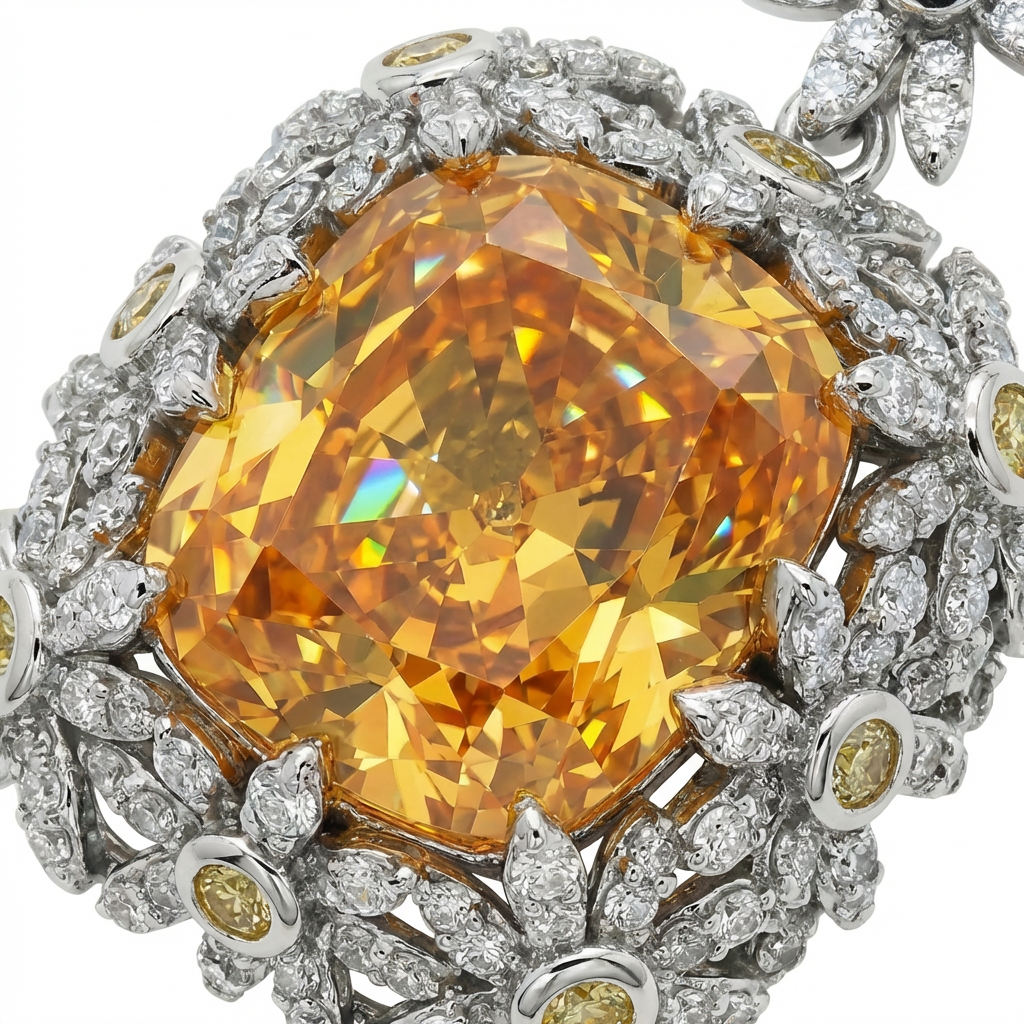 Crown Pendant Necklace with Yellow Cushion Stone – on White Gold
