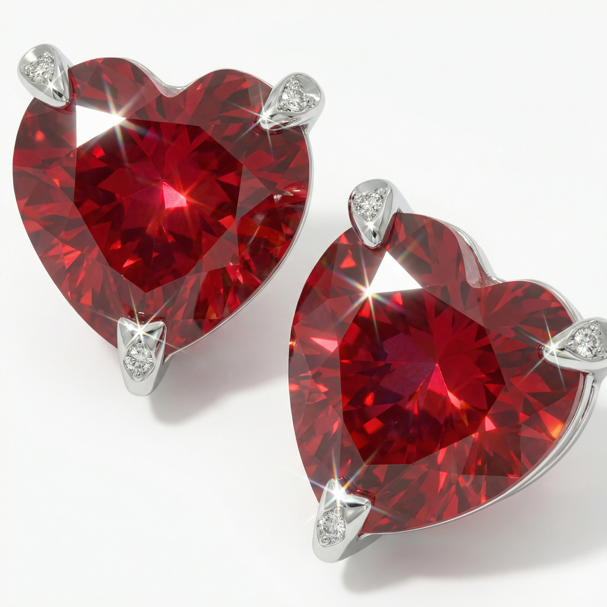 Love Heart Earrings with Red Heart Stone – on White Gold