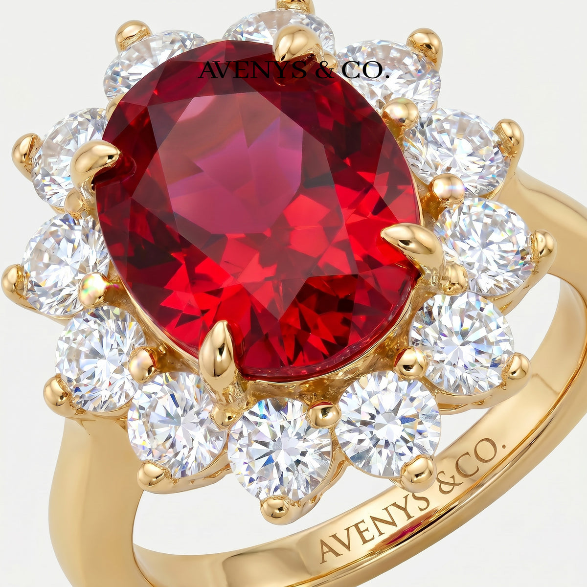 Classic Halo Ring with Red Oval Stone – on Yellow Gold
