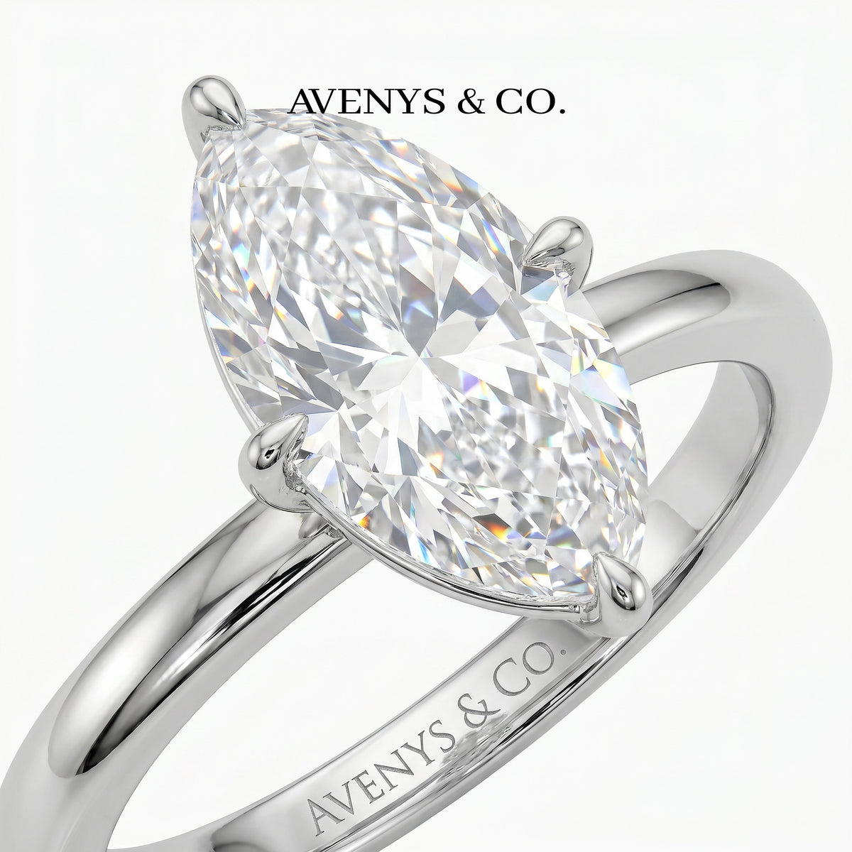 Marquis Solitaire Ring with White Marquise Stone – on White Gold