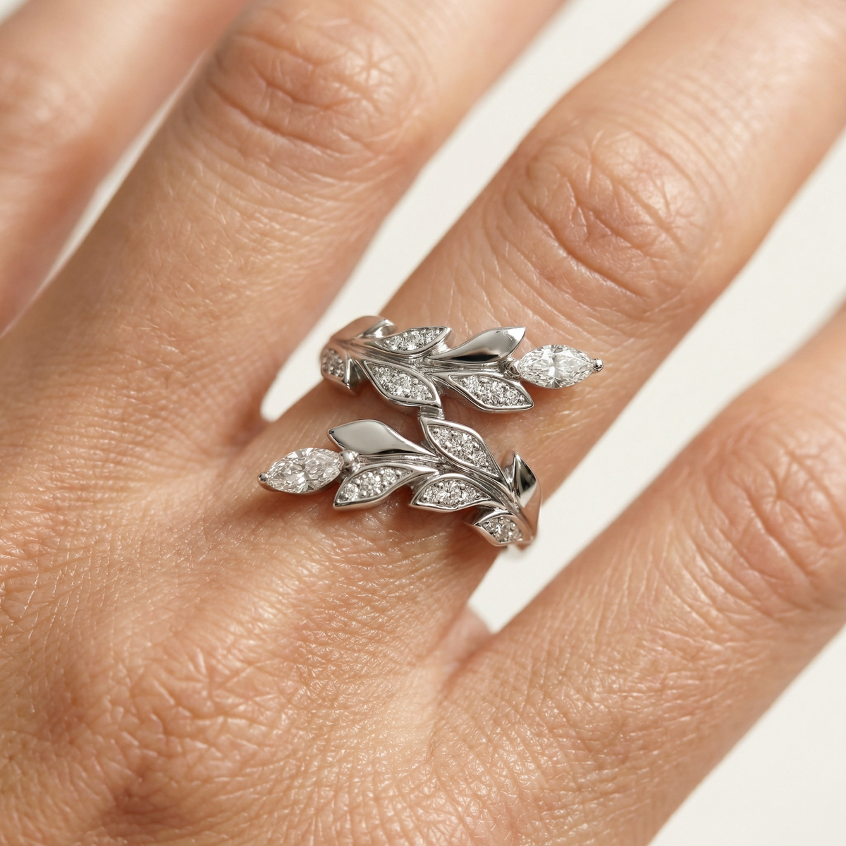 Leaf Ring with White Round Stone – on White Gold