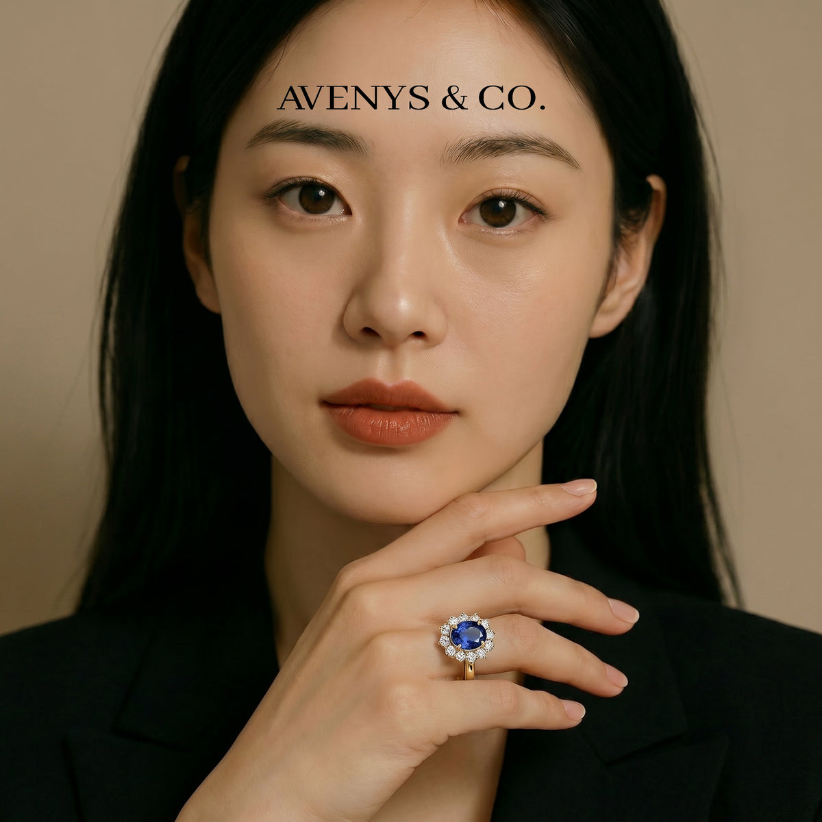 Classic Halo Ring with Blue Oval Stone – on Yellow Gold