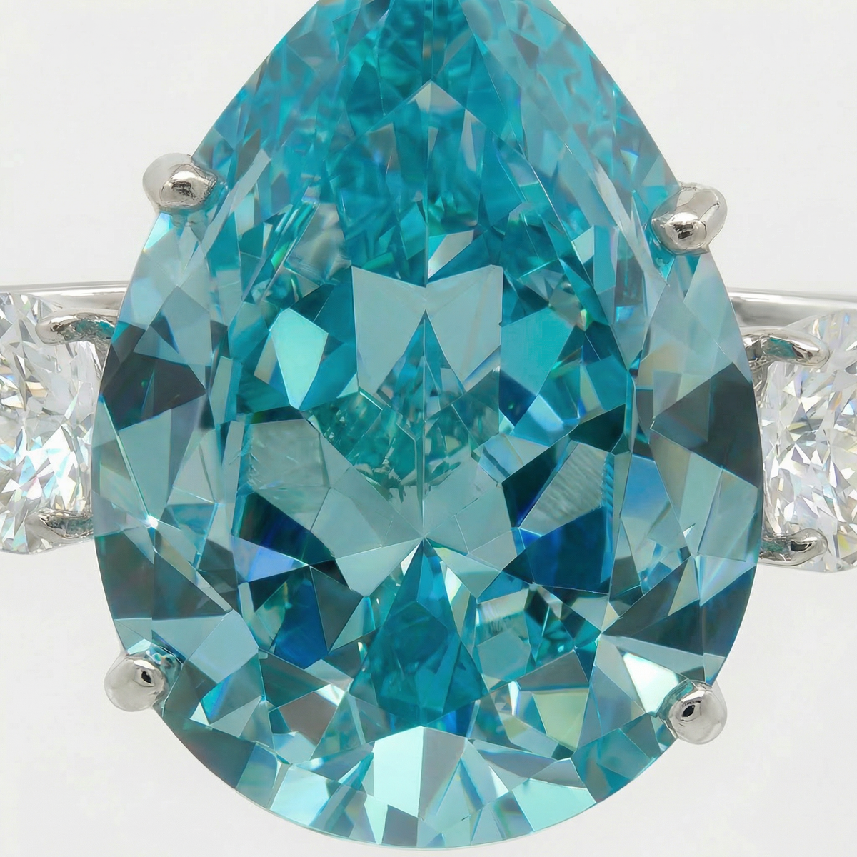 Pear Trilogy Ring with Aquamarine Pear Stone – on White Gold
