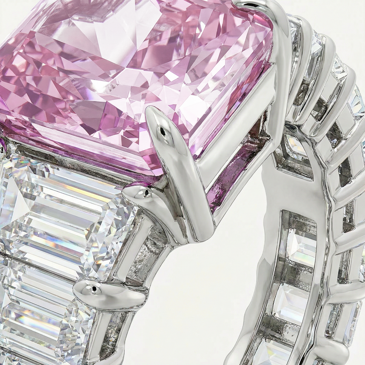 Princess Eternity Ring with Pink Radiant Stone – on White Gold