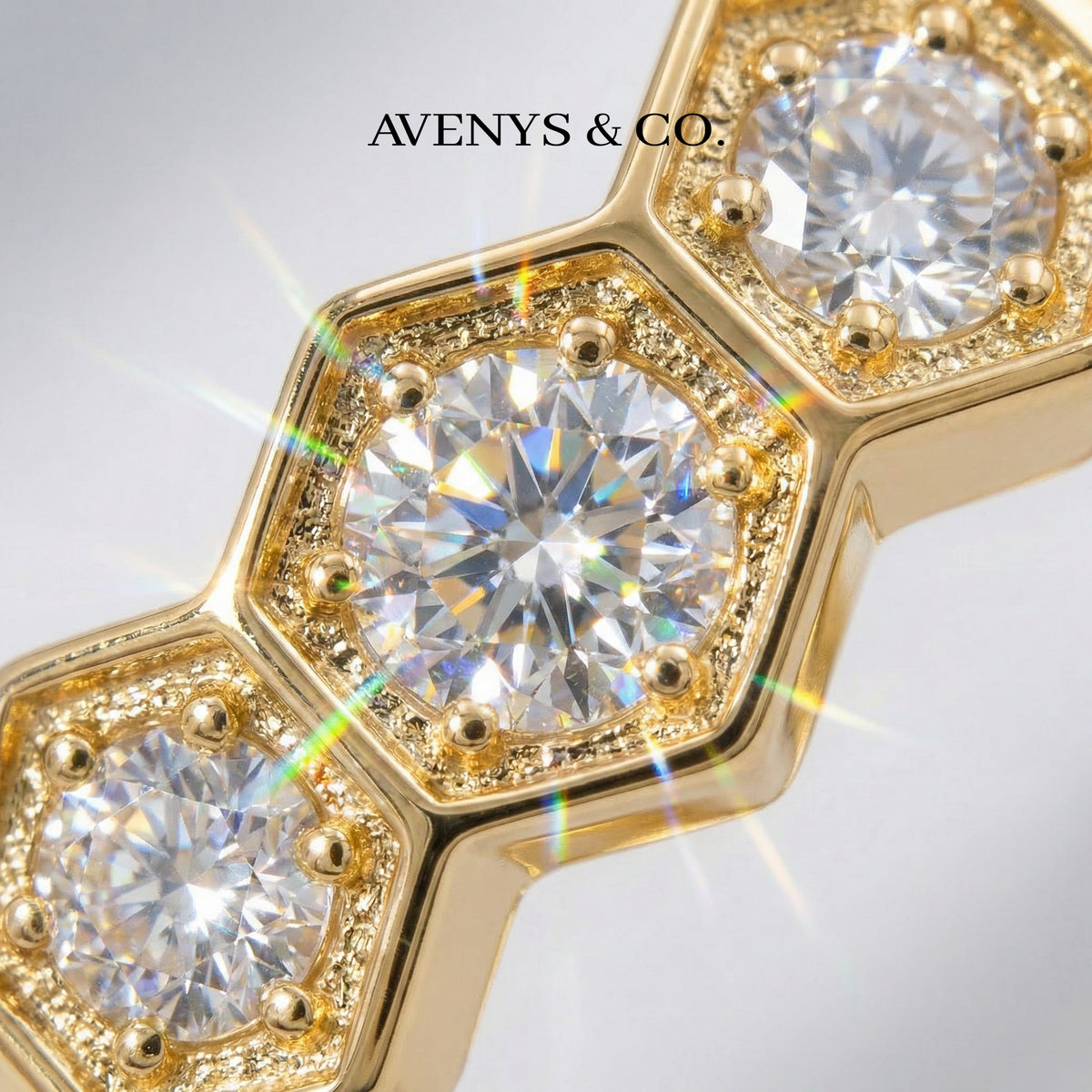 Honeycomb Ring Full with White Round Stone – on Yellow Gold