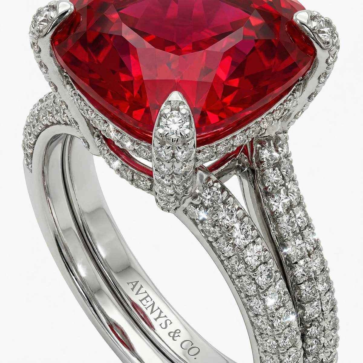 Double Shank Cocktail Ring with Red Cushion Garnet – on White Gold