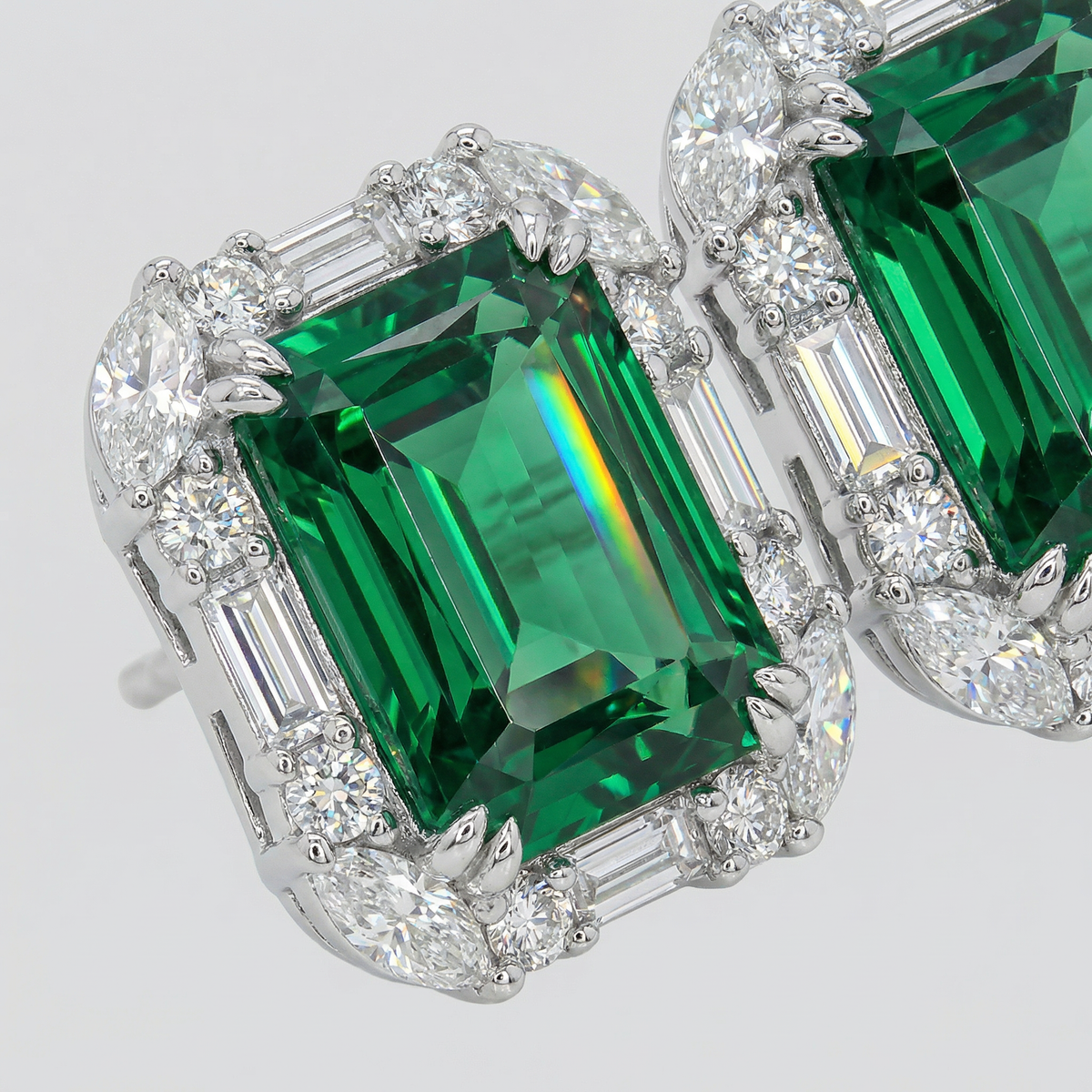 Eden Frame Earrings with Green Radiant Stone – on White Gold