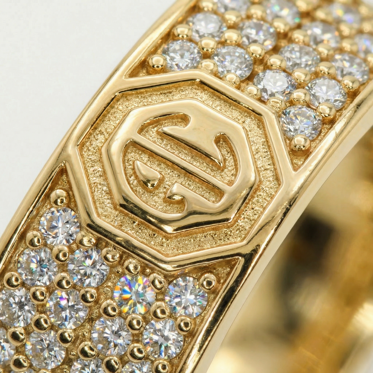 Halo Pave Ring with White Round Stone – on Yellow Gold