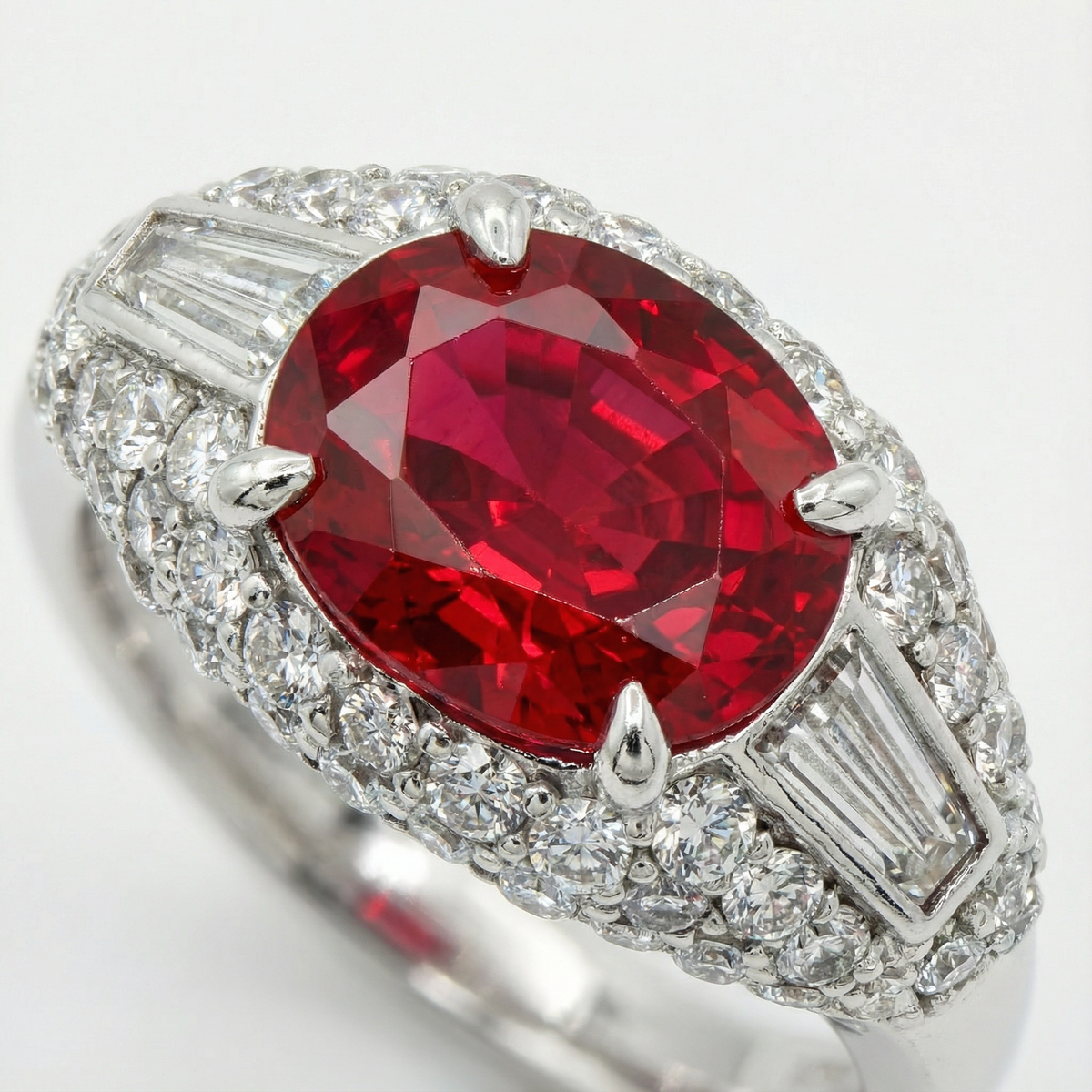 White Gold Plated Sterling Silver Multi-Stone Ring with Red Ruby