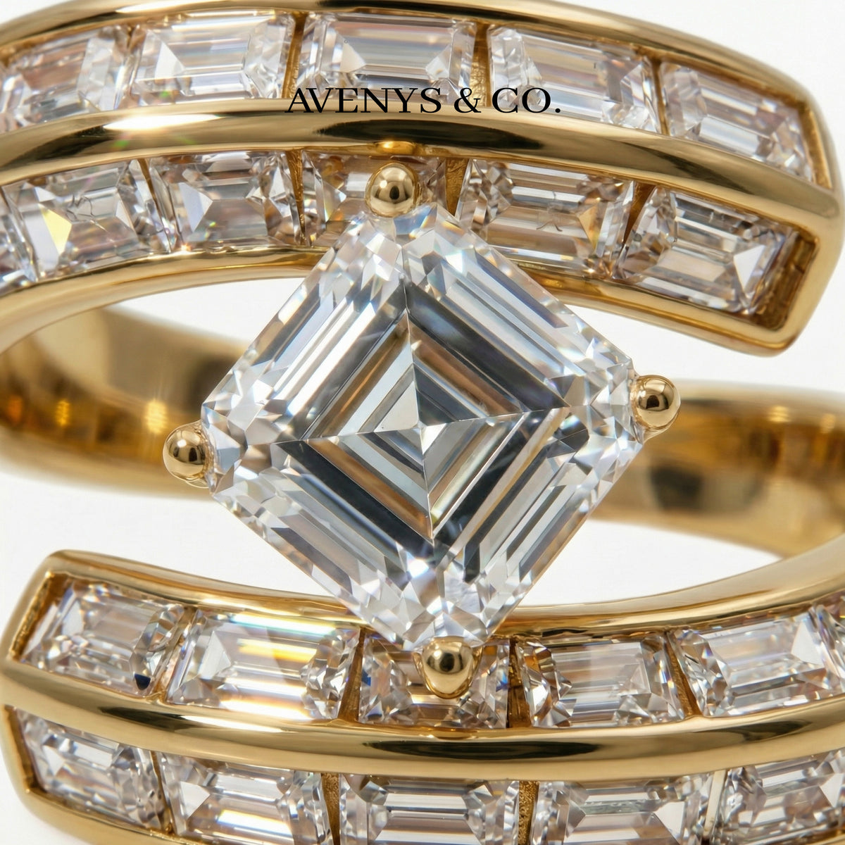 Bypass Baguette Ring with White Asscher Stone – on Yellow Gold