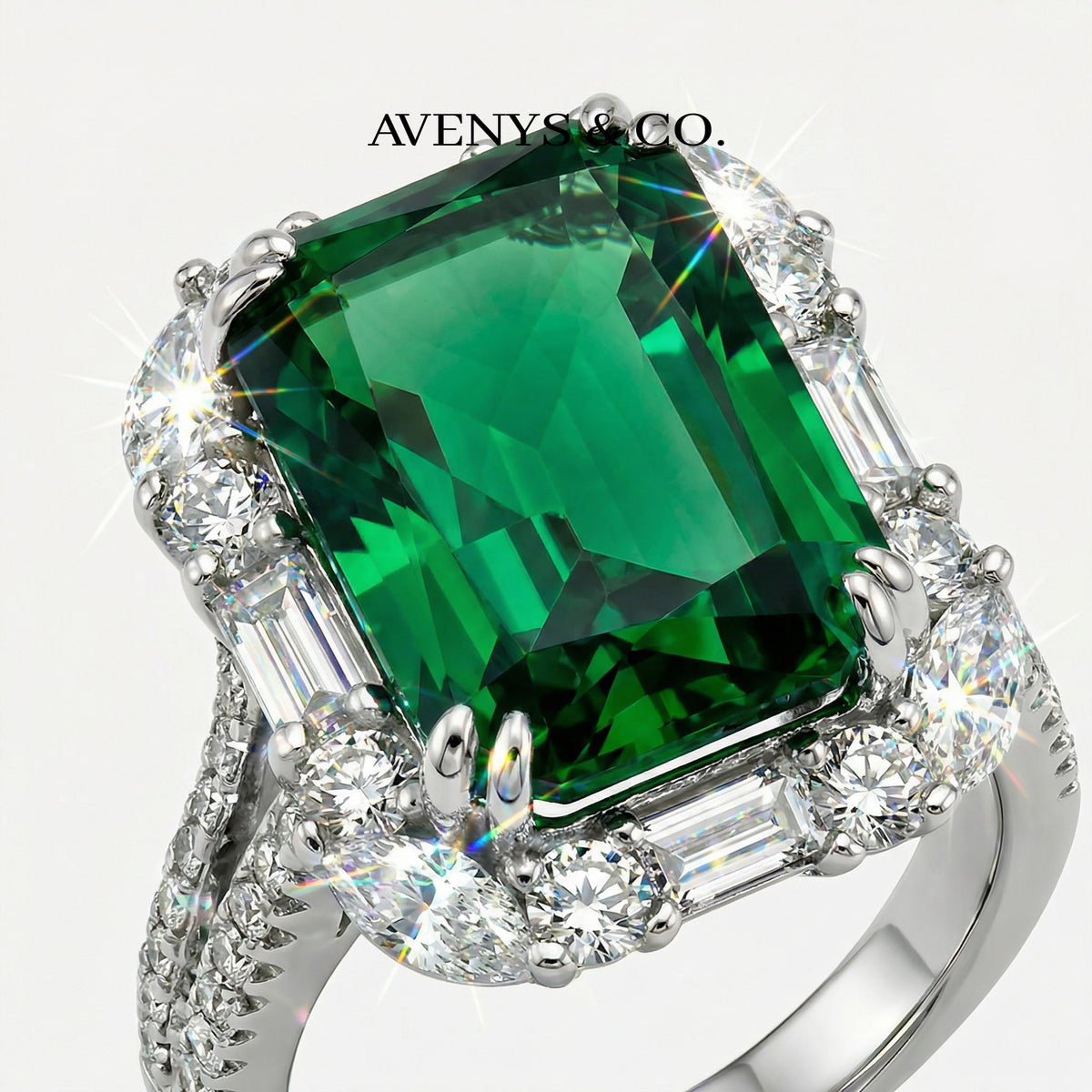 Eden Frame Ring with Green Radiant Stone – on White Gold