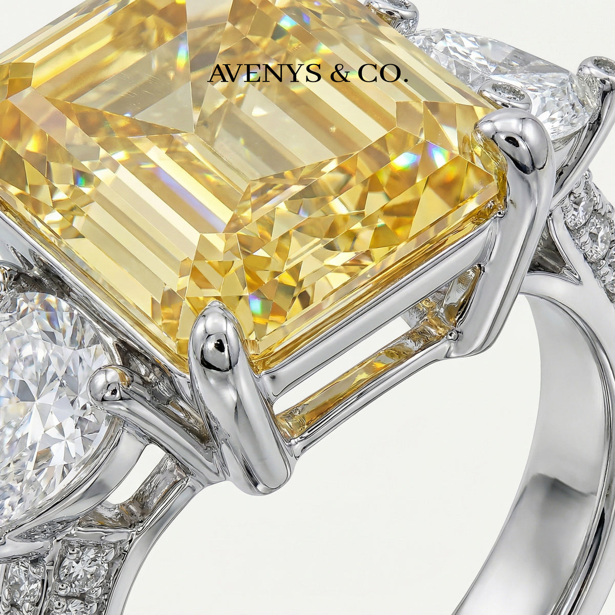Emerald Pear Trilogy Ring with Yellow Emerald Stone – on White Gold