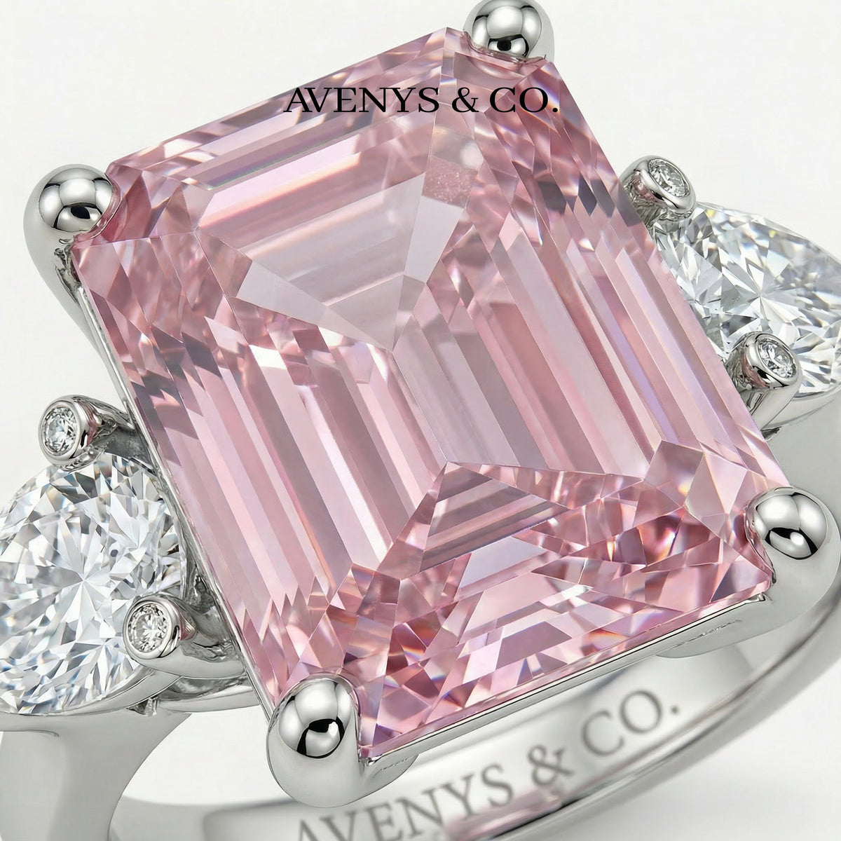 Emerald Pear Trilogy Ring with Pink Emerald Stone – on White Gold