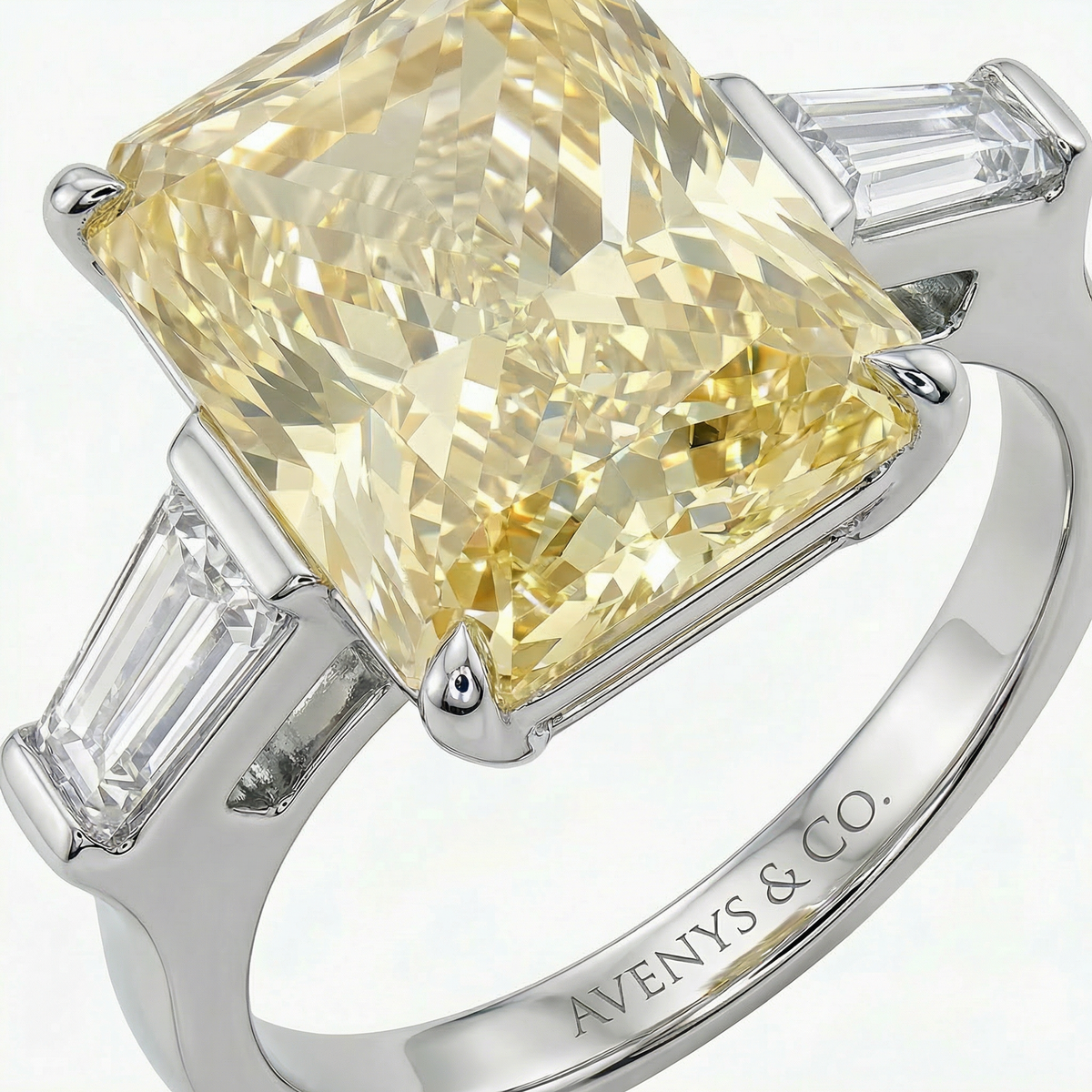 Radiant Trilogy Ring with Yellow Radiant Stone – on White Gold