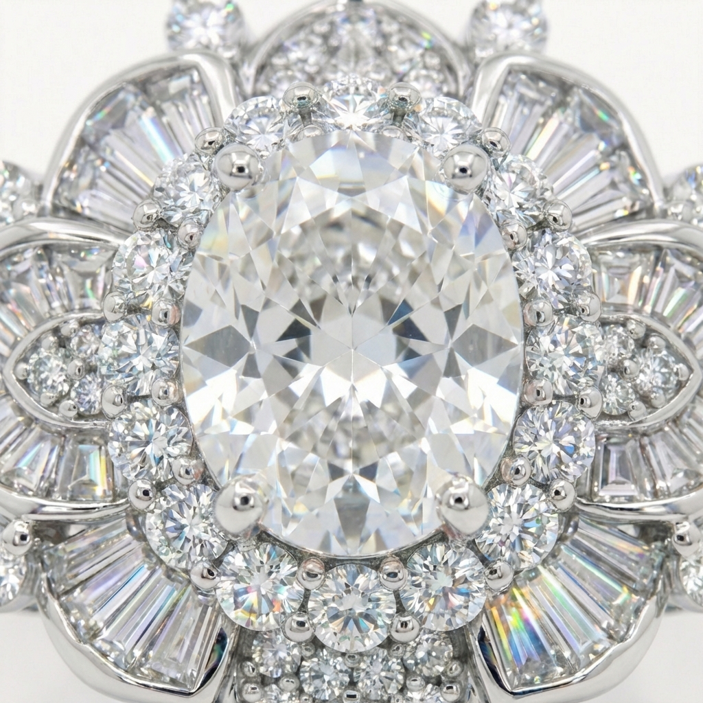 Bloom Burst Ring with White Oval Stone – on White Gold
