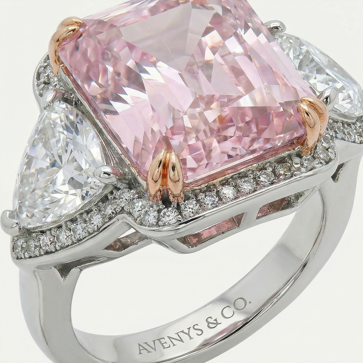 Queens Radiant Ring with Pink Round Stone – on White Gold