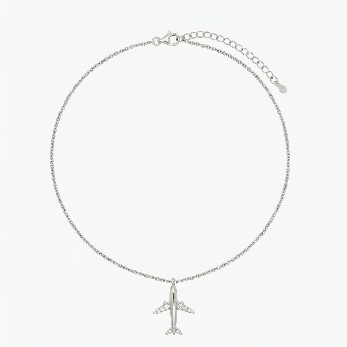Airplane Necklace with White Round Stone – on White Gold