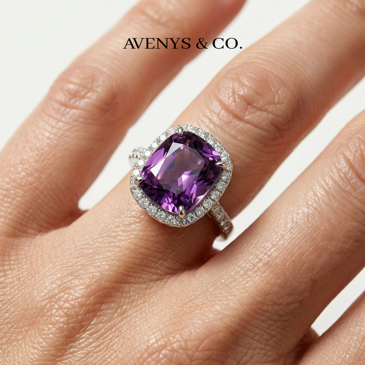 Amethyst Halo Ring with Purple Cushion Stone – on White Gold