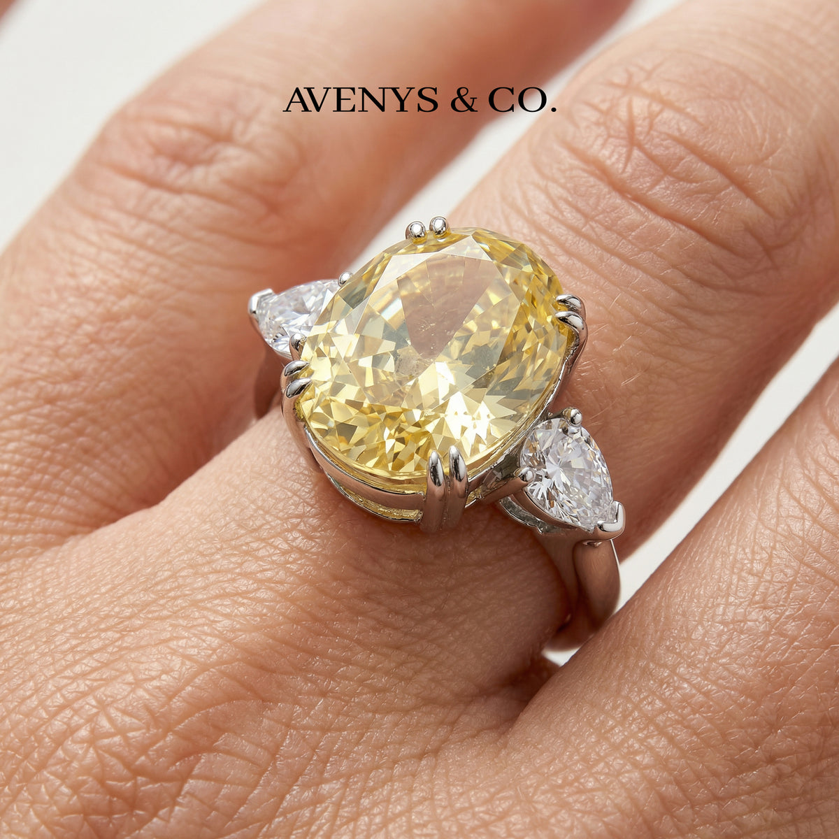 Queens Oval Ring with Yellow Oval Stone – on White Gold