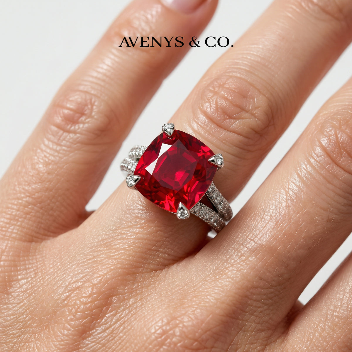 Double Shank Cocktail Ring with Red Cushion Garnet – on White Gold