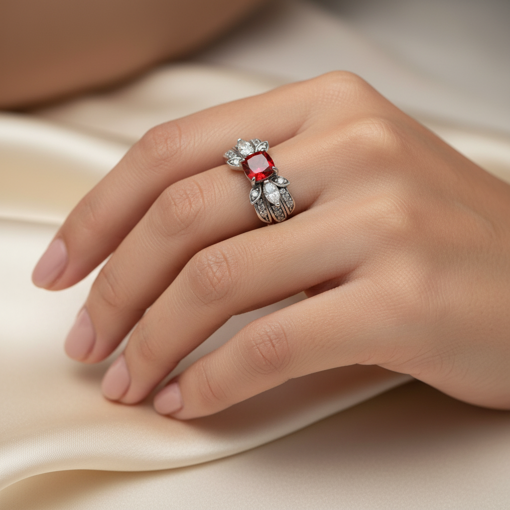 Red Wings Ring with Red Cushion Stone – on White Gold
