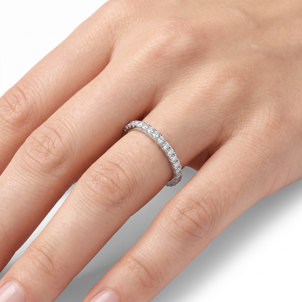 AV Forever™ French Pave Eternity Ring (2mm) with White Round Stone – on White Gold