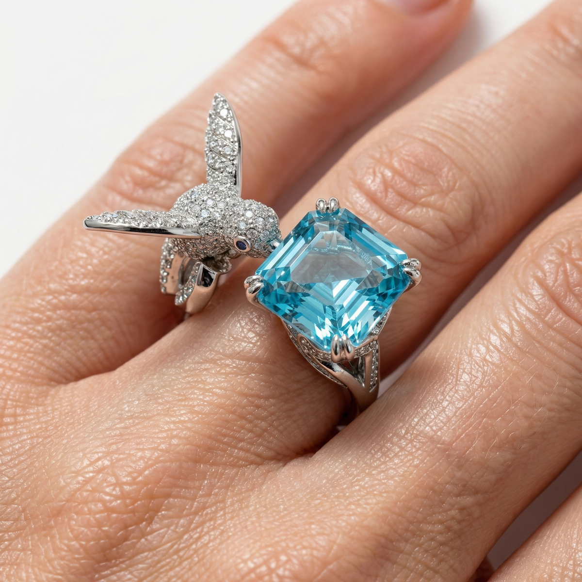 Bird Nesting Ring with Aquamarine Asscher Stone – on White Gold