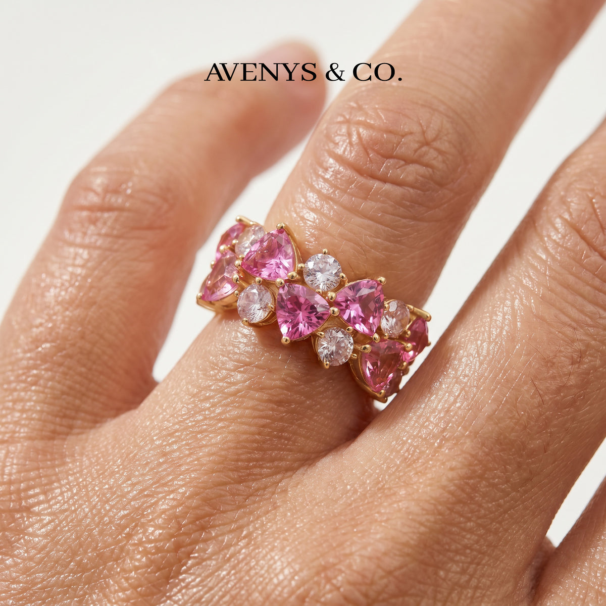 Pink Petals Ring with Pink Heart Stone – on Yellow Gold