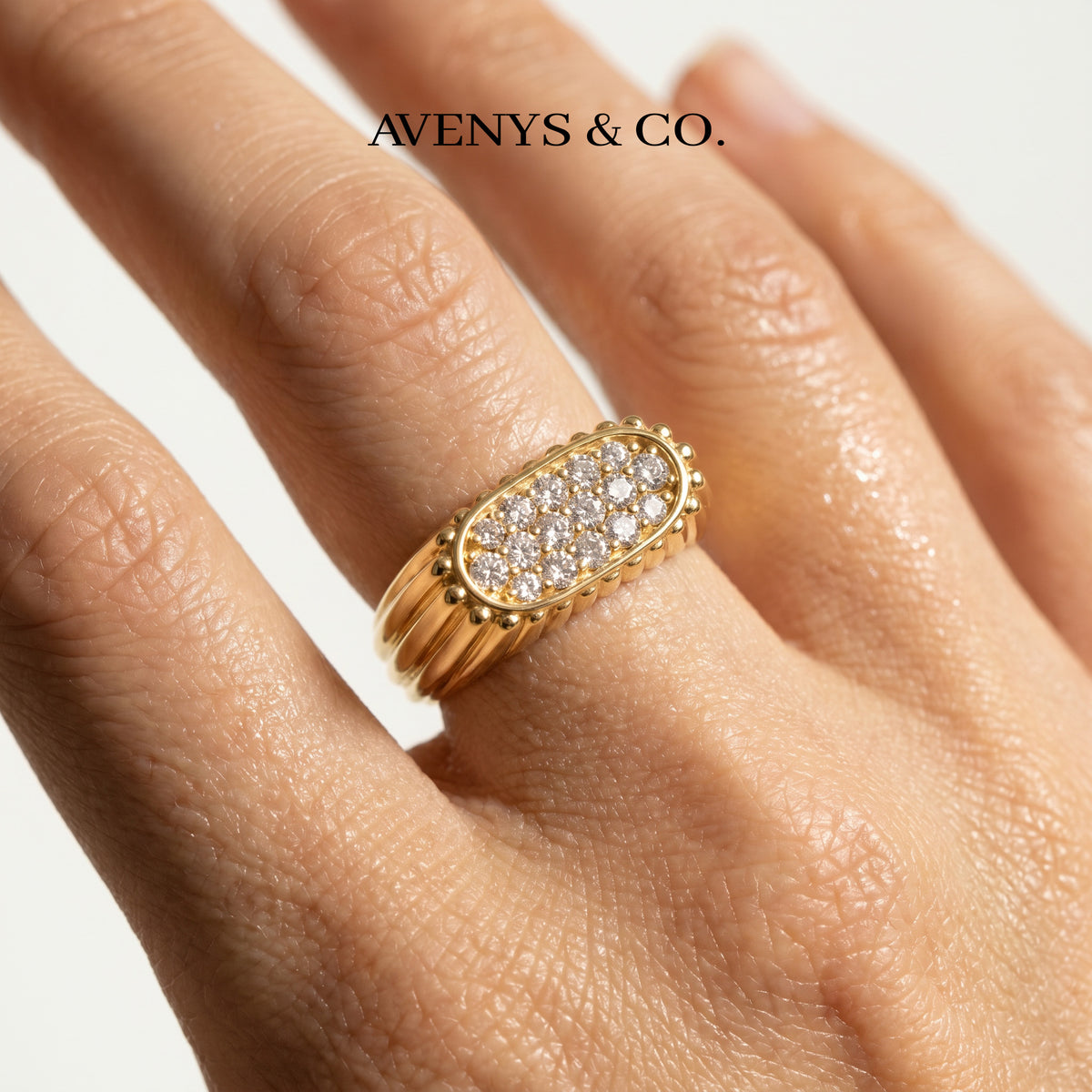 Pave Signet Ring with White Round Stone – on Yellow Gold