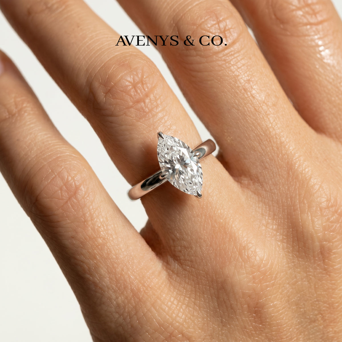 Marquis Solitaire Ring with White Marquise Stone – on White Gold