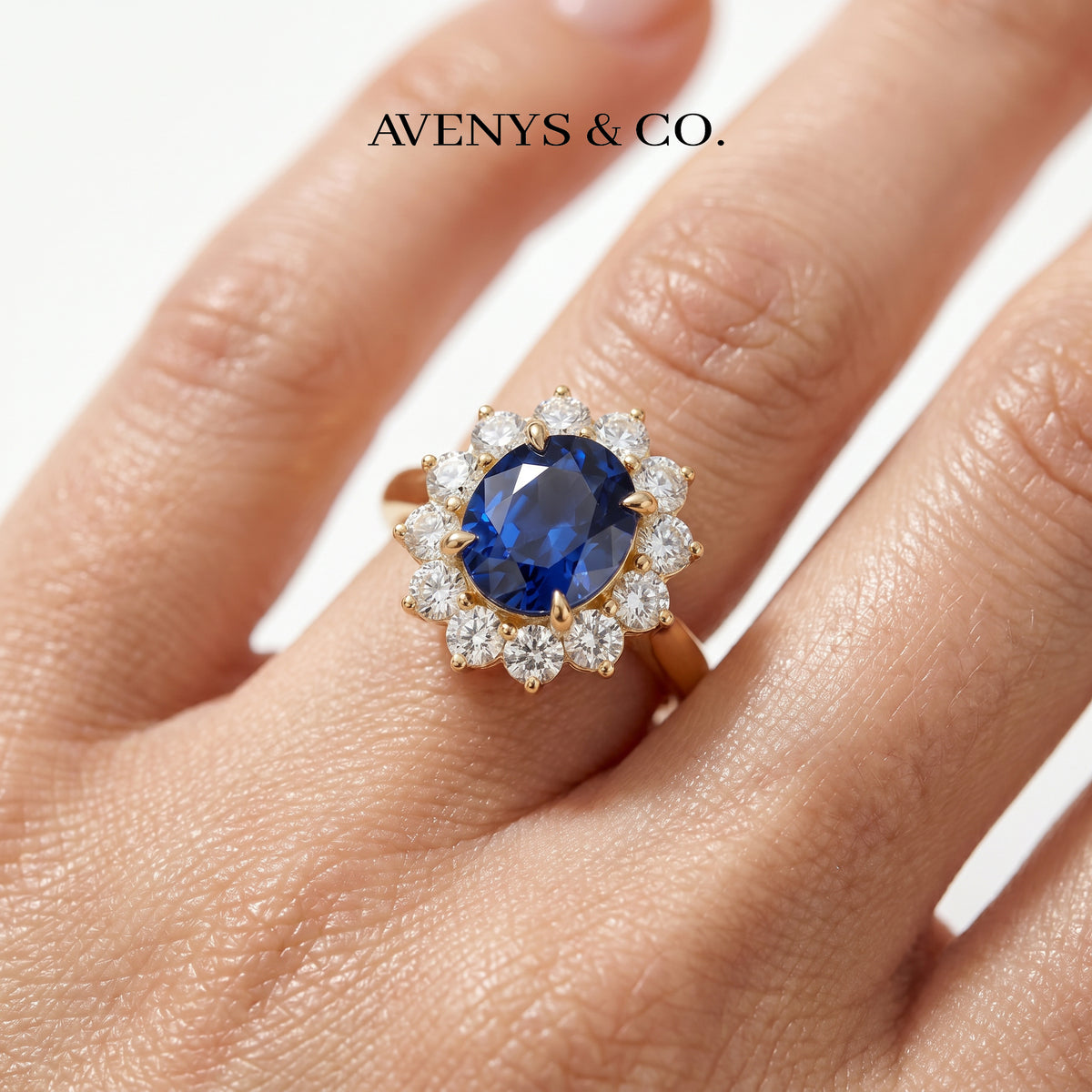 Classic Halo Ring with Blue Oval Stone – on Yellow Gold
