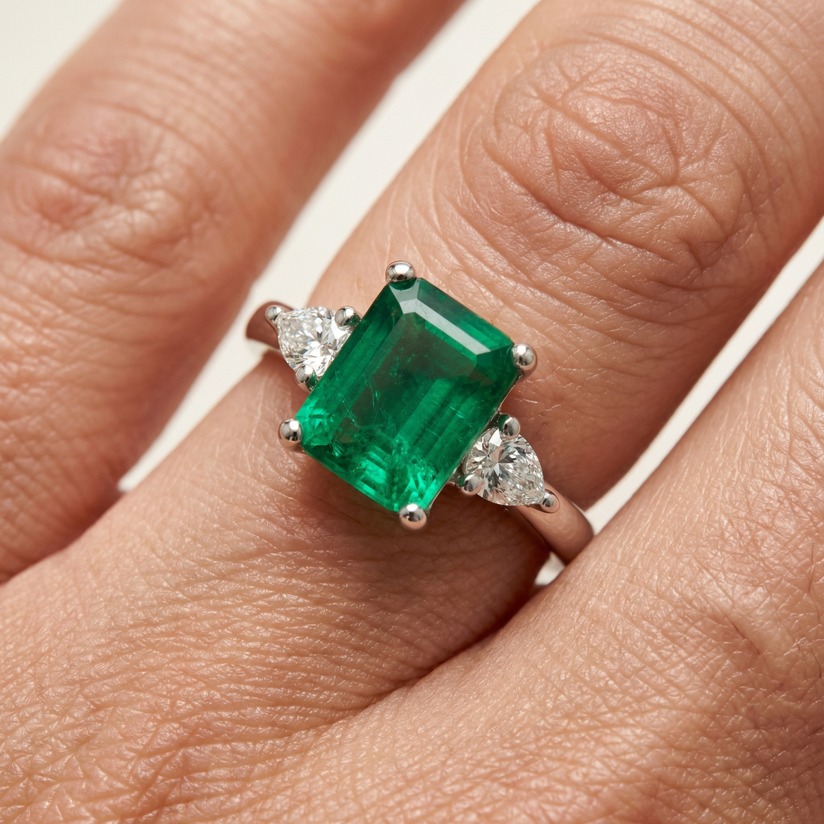 Emerald Pear Trilogy Ring with Green Emerald Stone – on White Gold