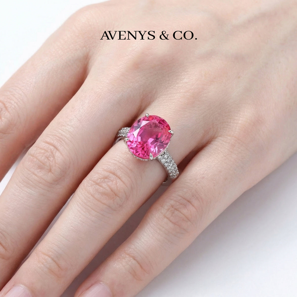 Oval Pave Ring with Pink Oval Stone – on White Gold