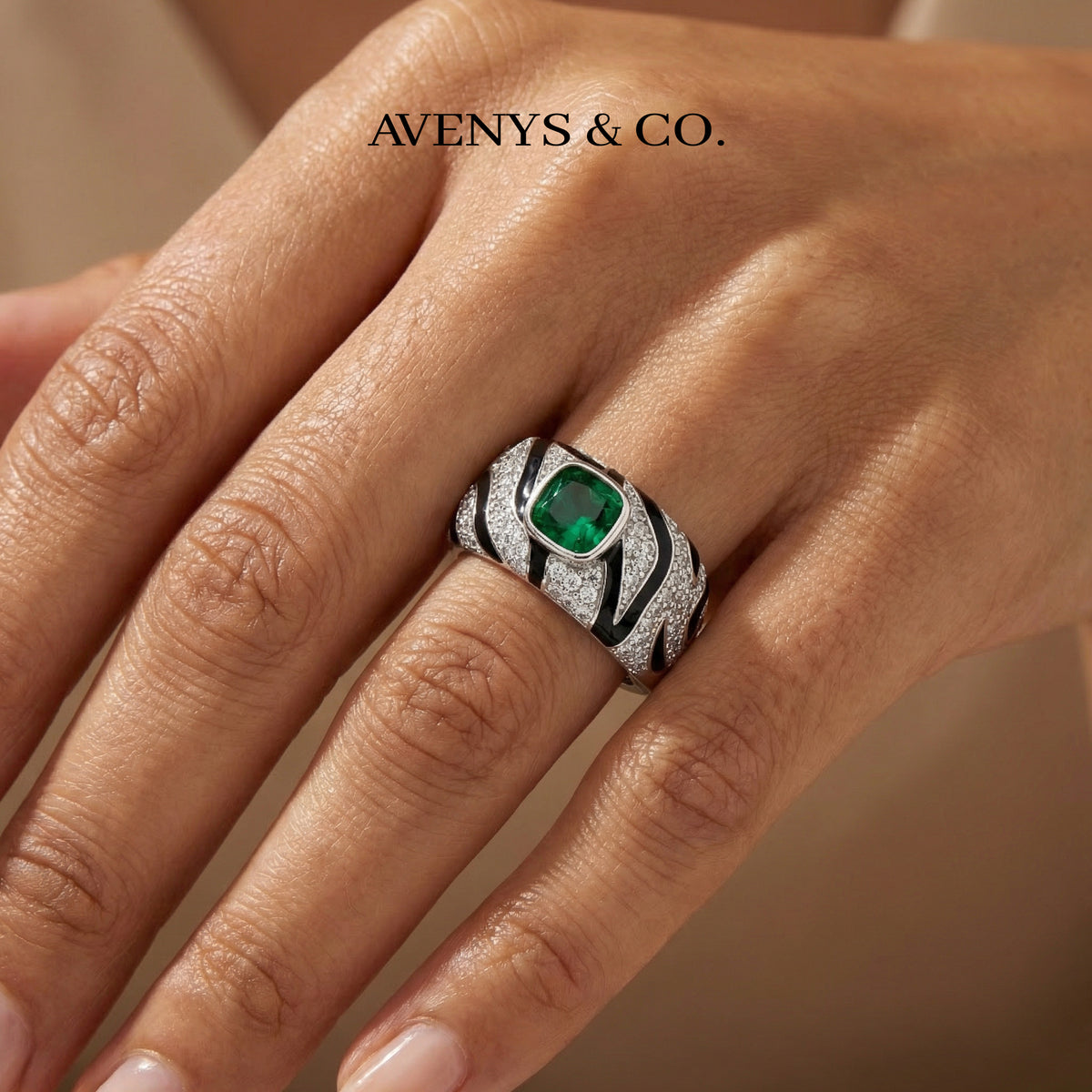 Tiger Ring with Green Cushion Stone – on White Gold