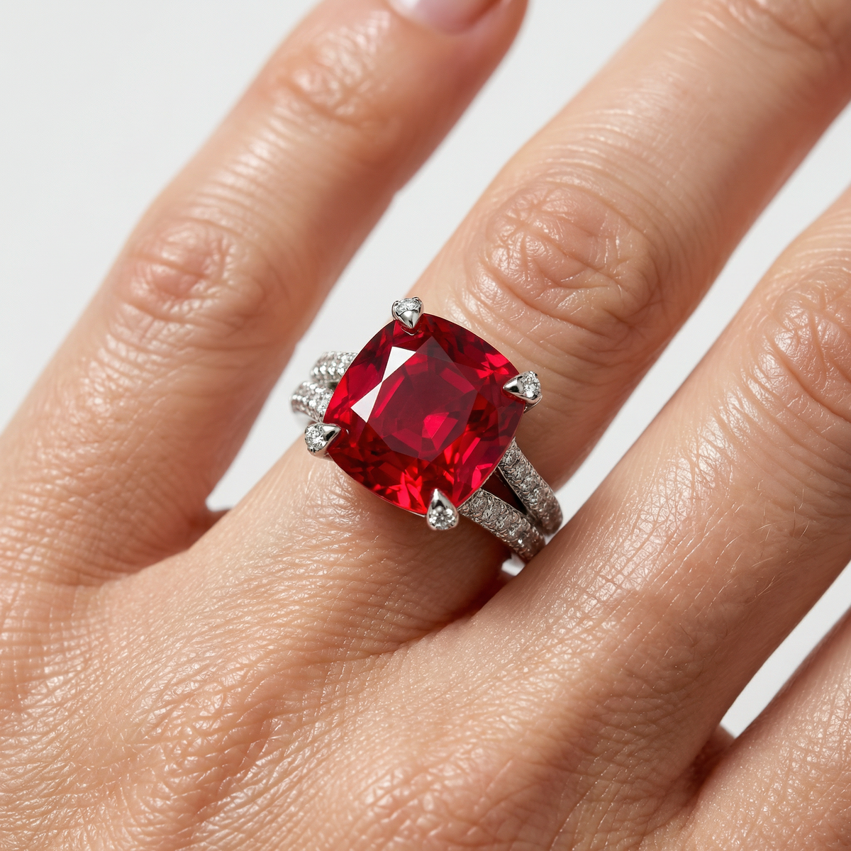 Double Shank Cocktail Ring with Red Cushion Garnet – on White Gold