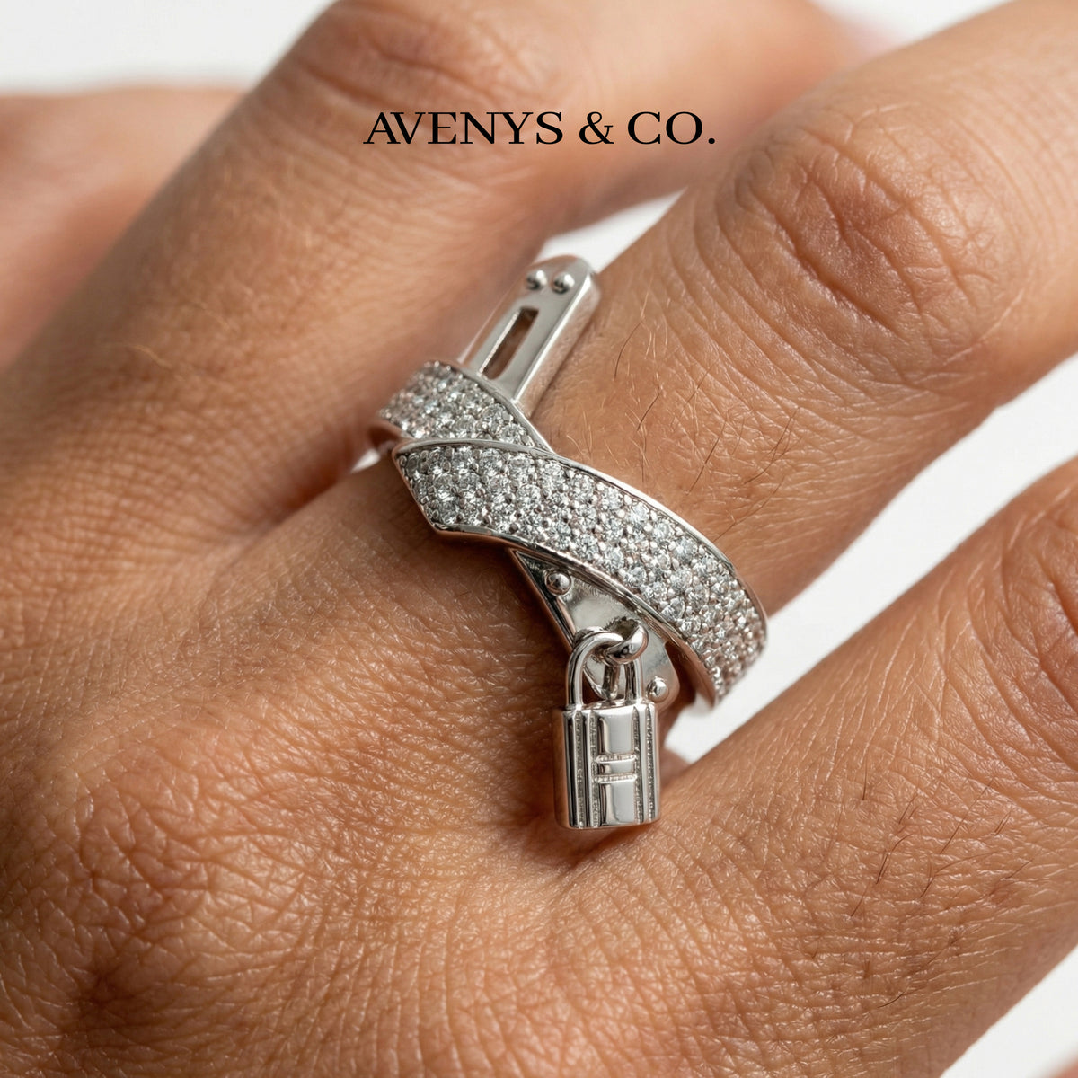 Padlock Pave Ring with White Round Stone – on White Gold