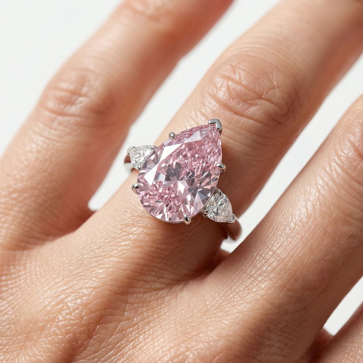 Pear Trilogy Ring with Pink Pear Stone – on White Gold