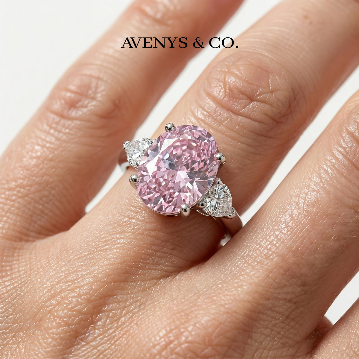 Oval Trilogy Pear Ring with Pink Oval Stone – on White Gold