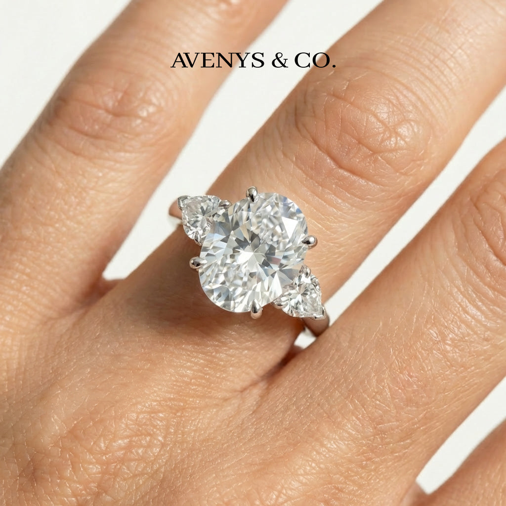 Oval Trilogy Pear Ring with White Oval Stone – on White Gold