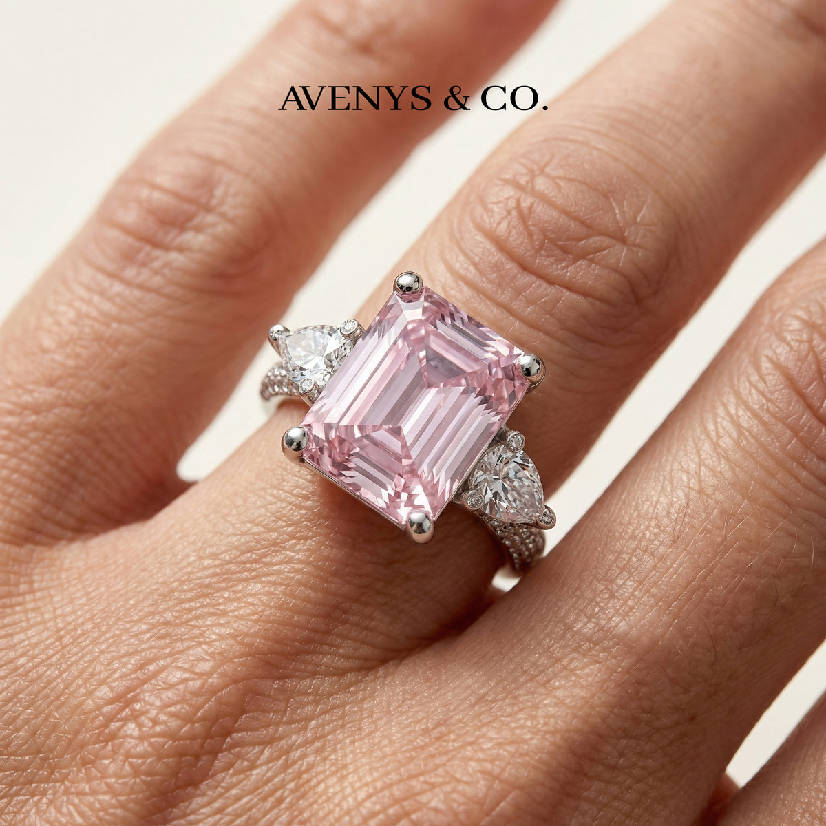 Emerald Pear Trilogy Ring with Pink Emerald Stone – on White Gold