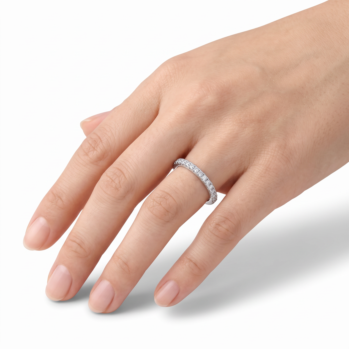AV Forever™ Half French Pave Eternity Ring (2mm) with White Round Stone – on White Gold