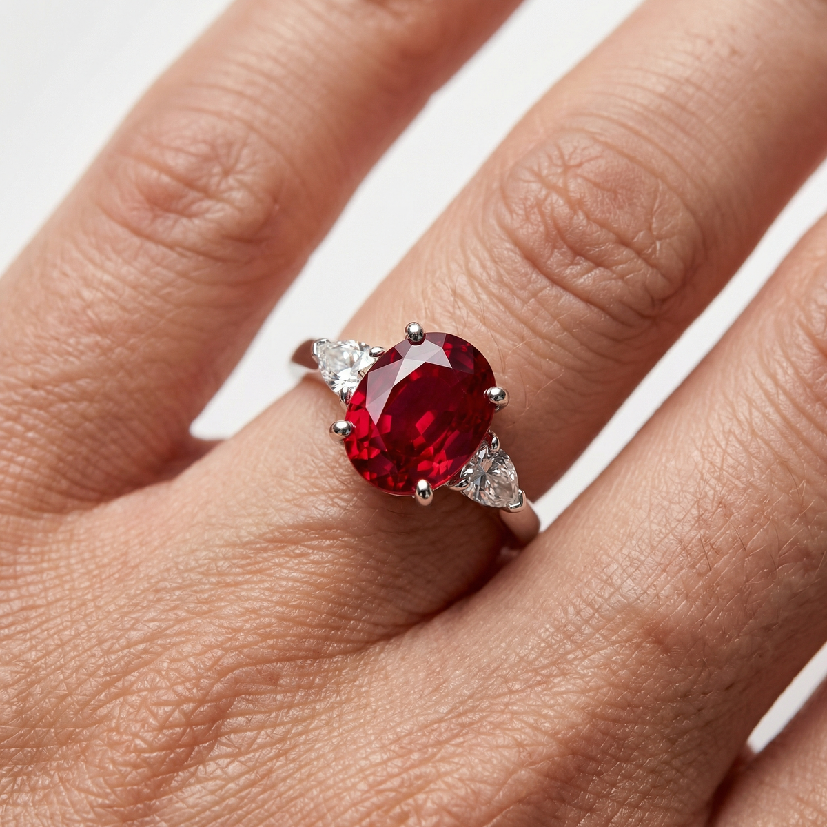 Oval Trilogy Pear Ring with Red Oval Stone – on White Gold