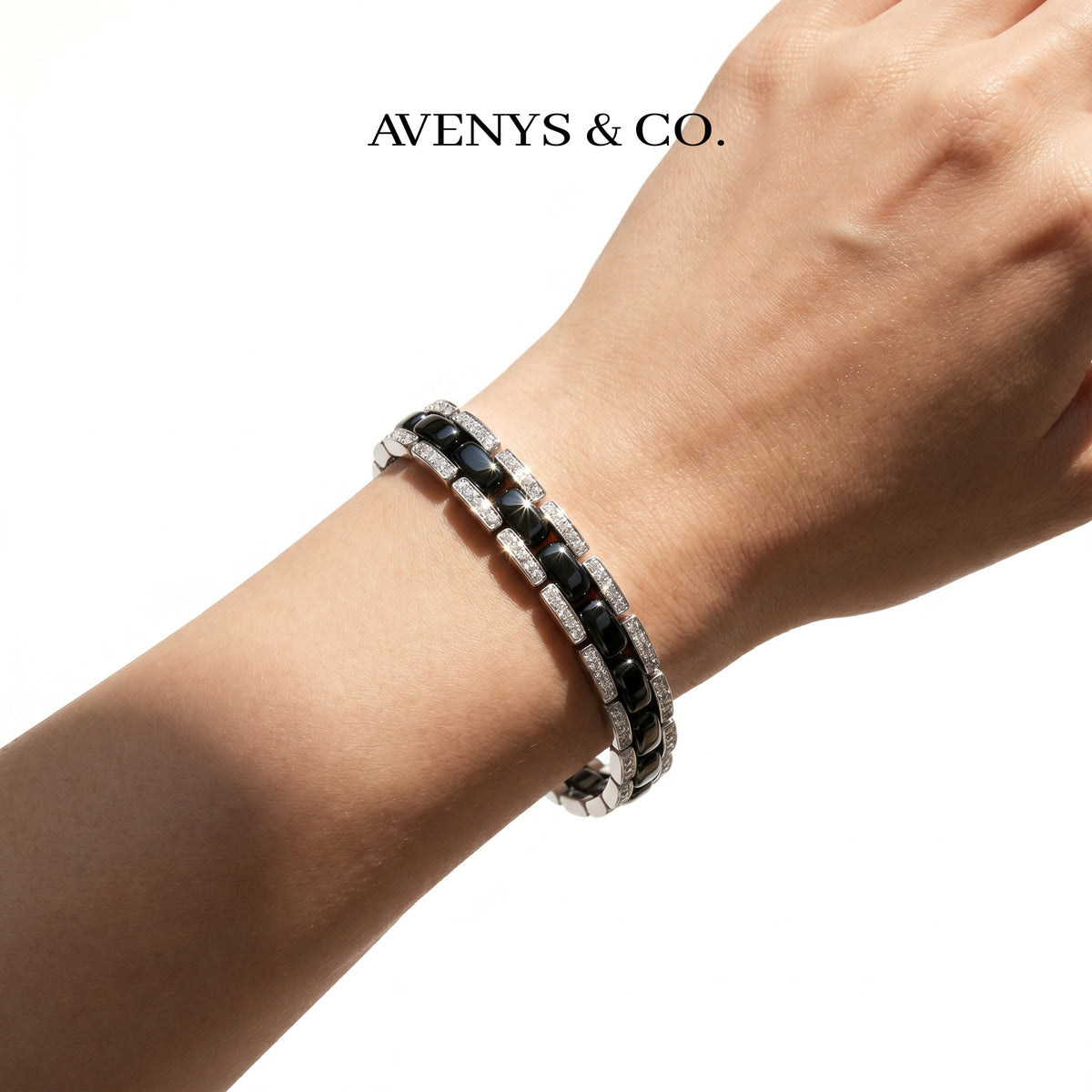 Connected Bracelet with Black Round Stone – on White Gold